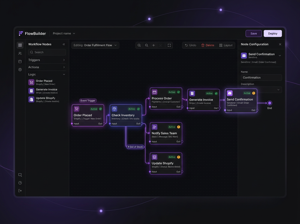 Workflow automation dashboard mockup showing connected task nodes